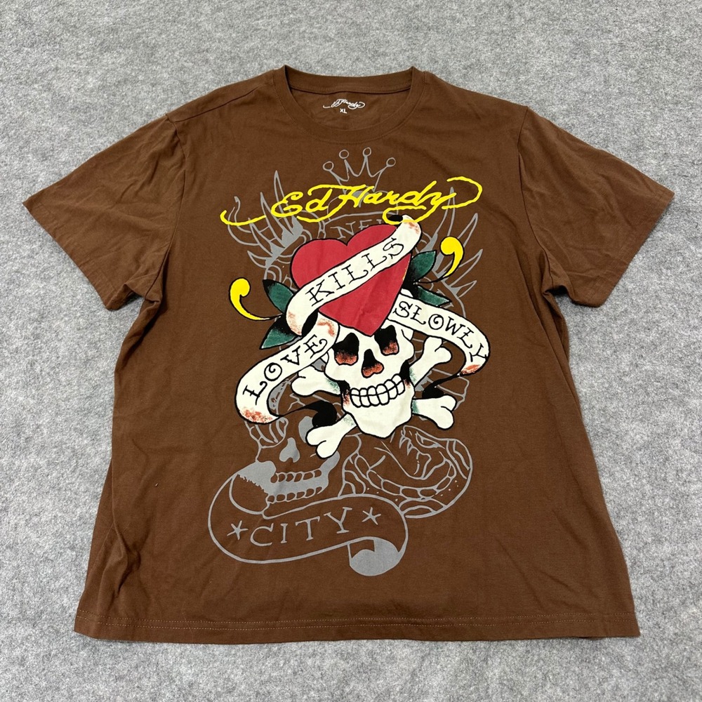 Ed Hardy T-Shirt Mens XL Brown Love Kills Slowly Skull Tattoo Graphic EHMD1100